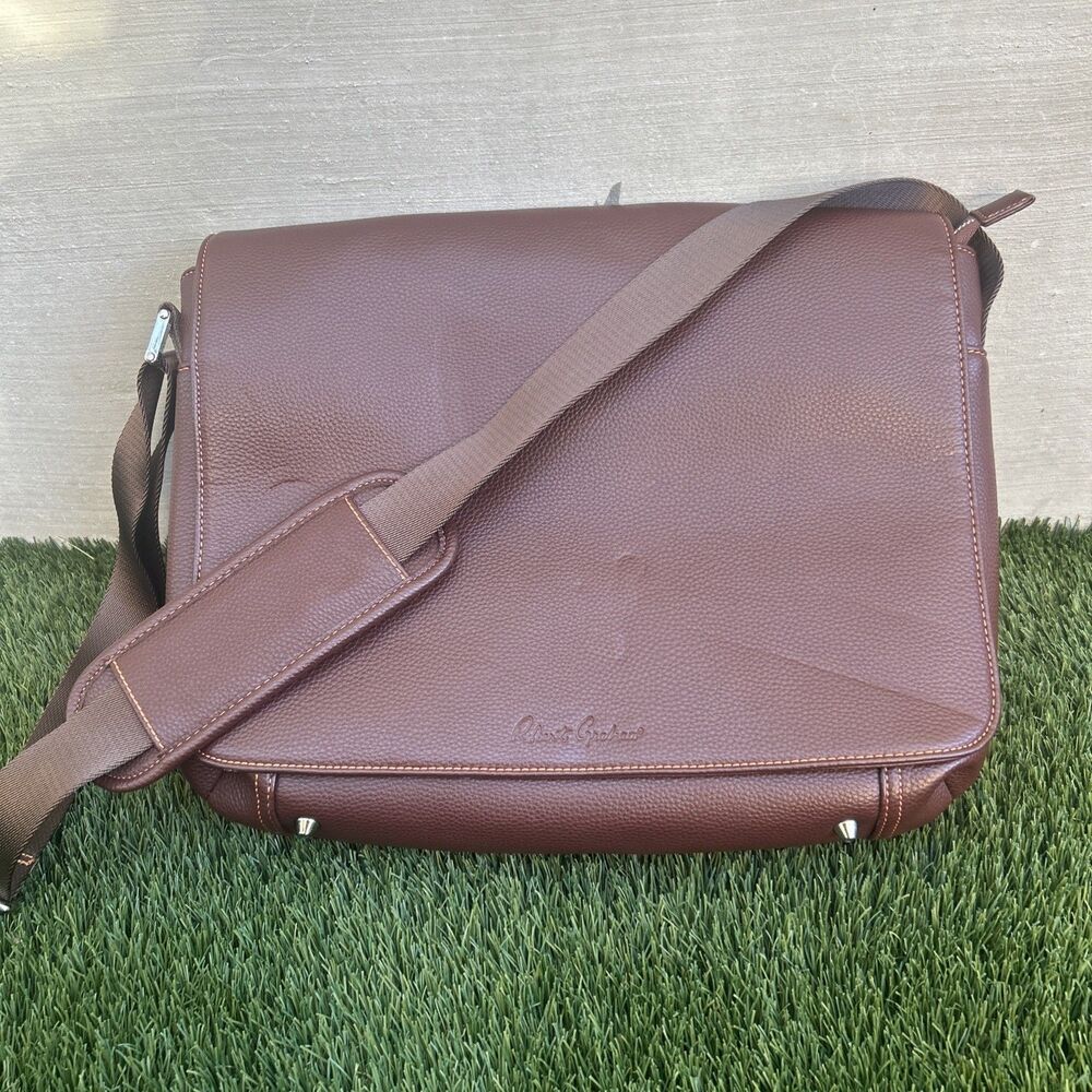 Robert Graham Men's Brown Leather Messenger Laptop Bag Magnetic Blue Paisley